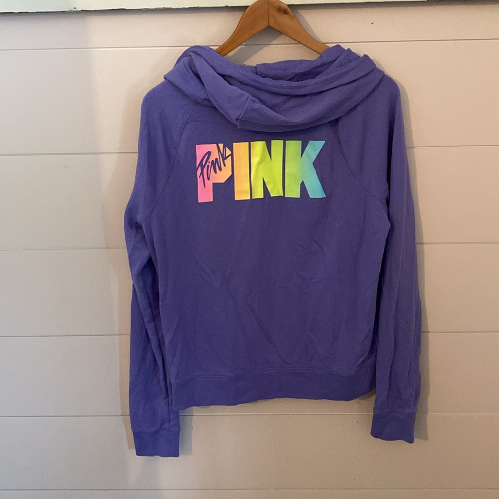 PINK women’s large purple full zip hoodie with rainbow lettering on back
